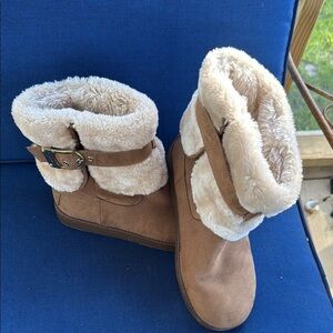 G by Guess Tan Over the Knee Boots with Cream Lining and Buckle Detail